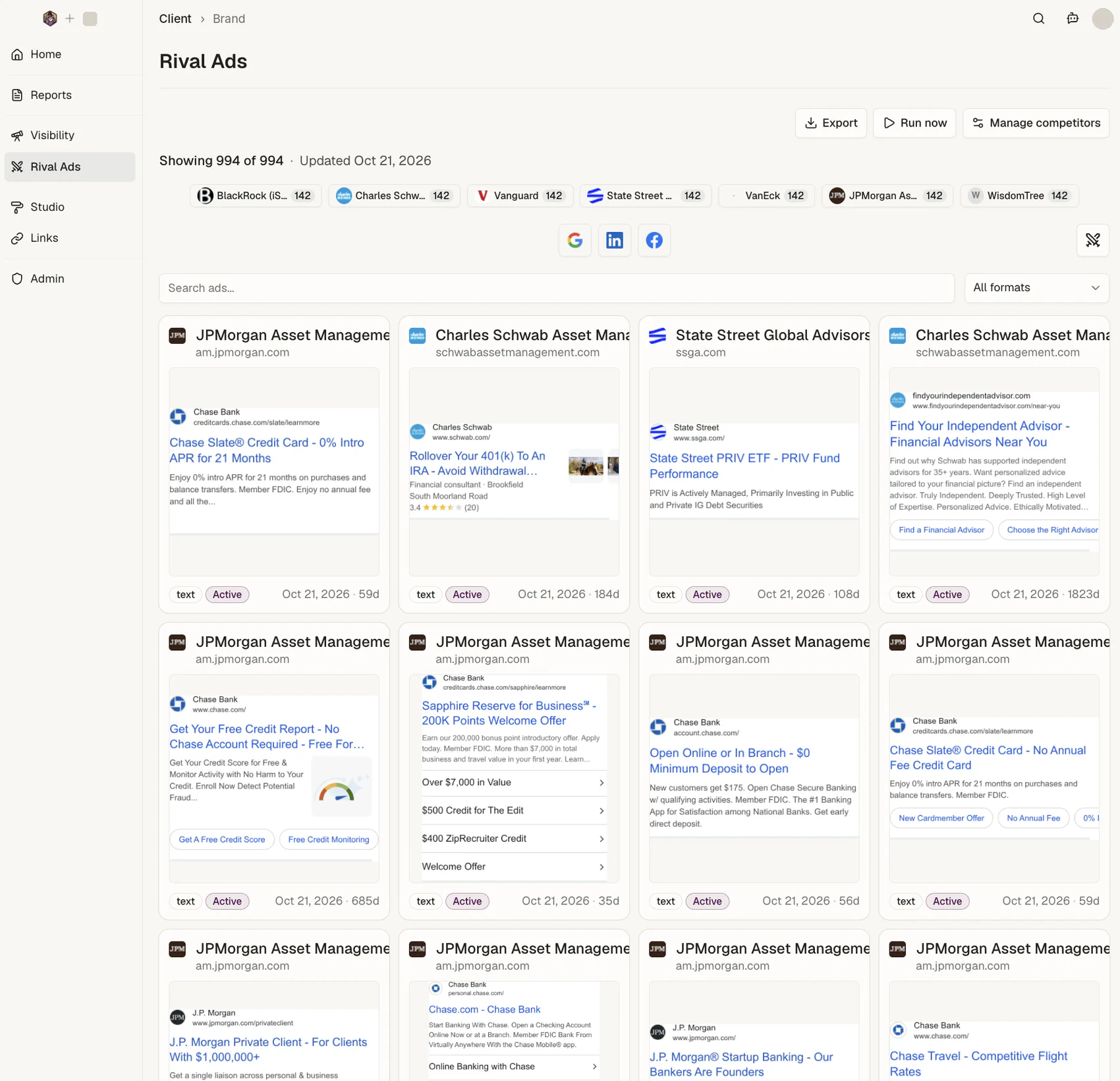 Rival Ads: 994 ads from seven tracked asset managers across Google, LinkedIn and Meta, each with its format, status and days live
