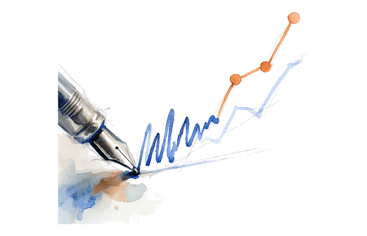 Watercolor fountain pen drawing an ink line that becomes a rising chart