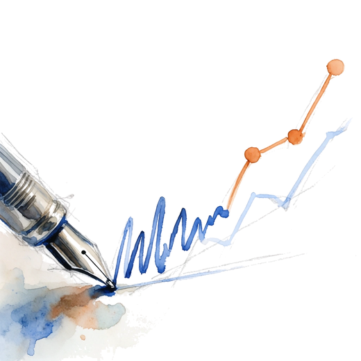 Watercolor fountain pen drawing an ink line that becomes a rising chart