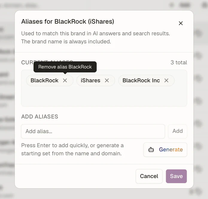 The aliases dialog in the AdNode application: for BlackRock (iShares), the aliases BlackRock, iShares and BlackRock Inc, with a field to add more and a button to generate a starting set from the name and domain.