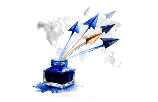 Watercolor paper planes launching from an inkwell across a faint world map