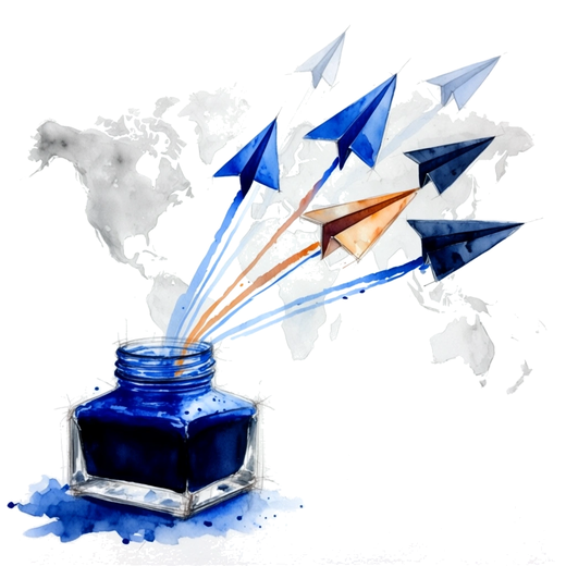 Watercolor paper planes launching from an inkwell across a faint world map